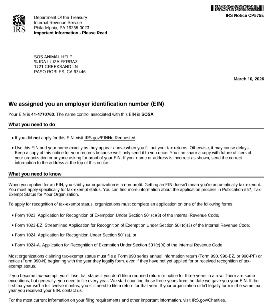 EIN document of SOS Animal Help issued by the US Internal Revenue Service